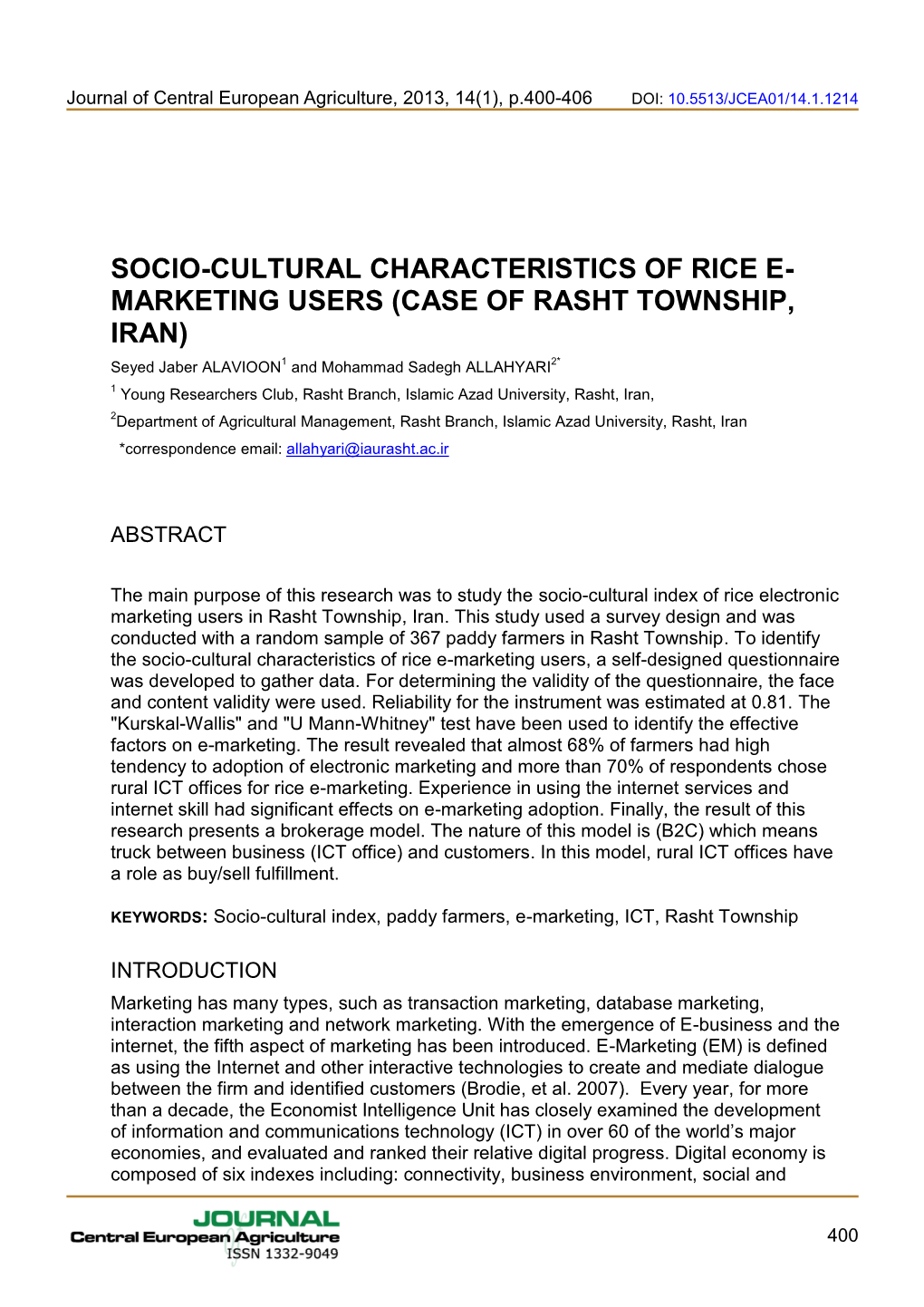 Socio-Cultural Characteristics of Rice E