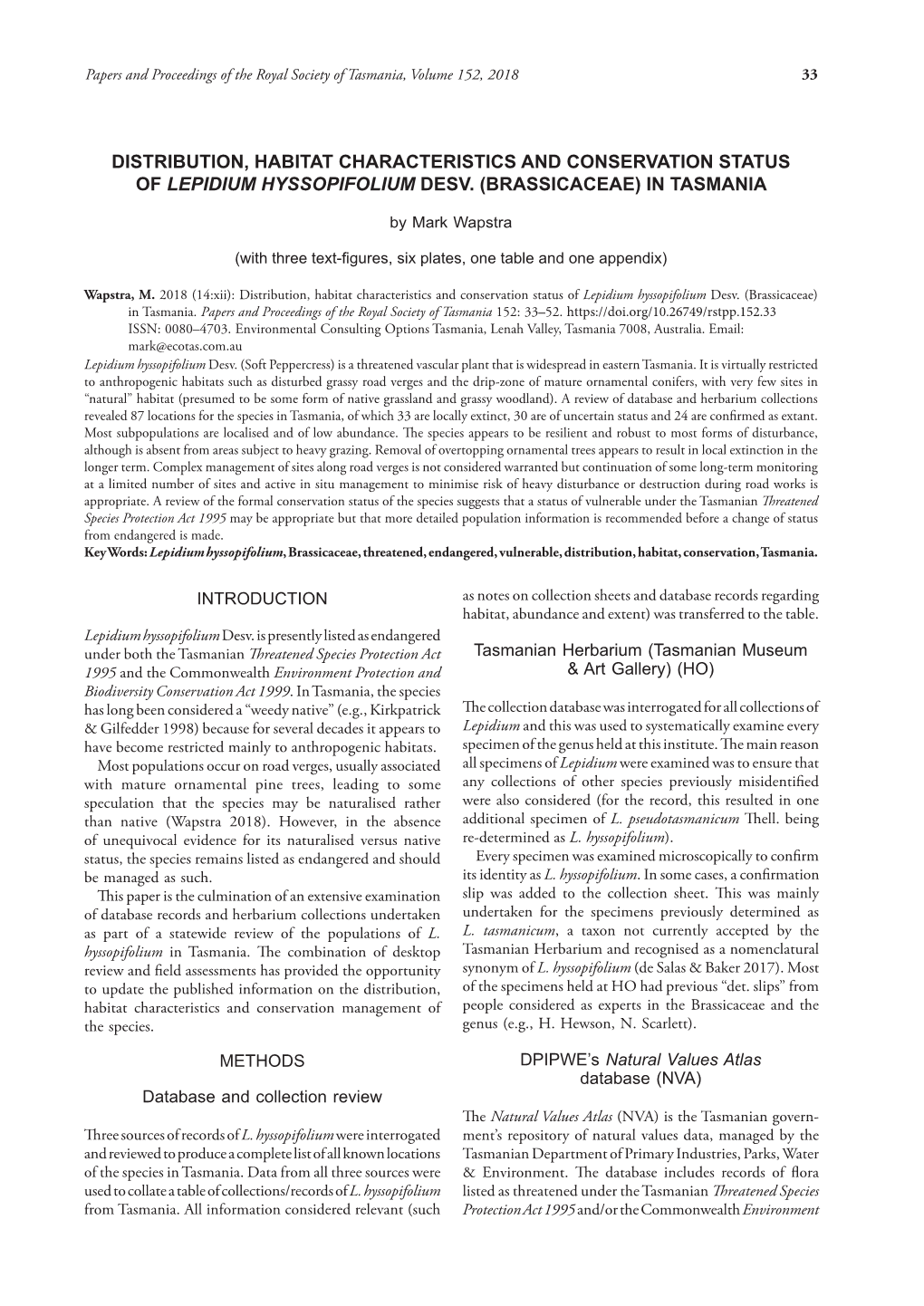 Distribution, Habitat Characteristics and Conservation Status of Lepidium Hyssopifolium Desv