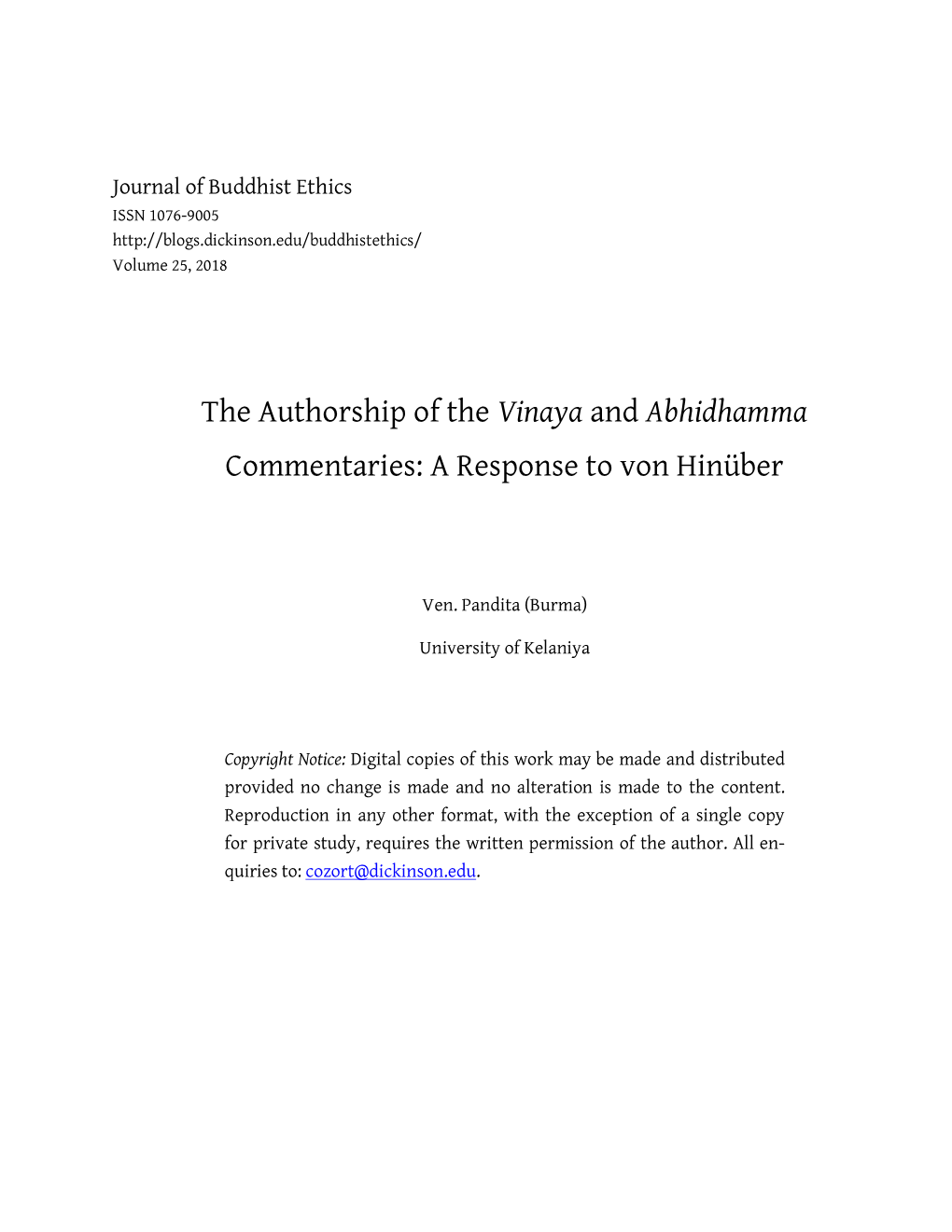 The Authorship of the Vinaya and Abhidhamma Commentaries: a Response to Von Hinüber