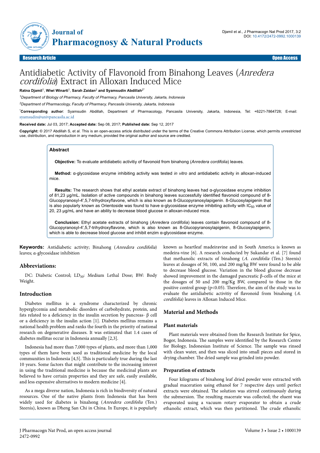 (Anredera Cordifolia) Extract in Alloxan Induced Mice