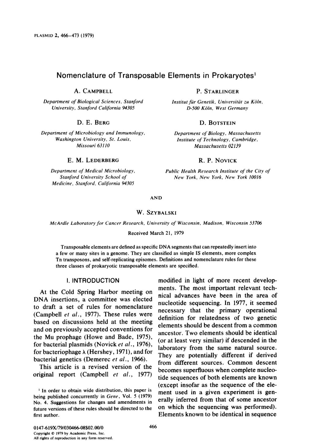 Nomenclature of Transposable Elements in Prokaryotesl