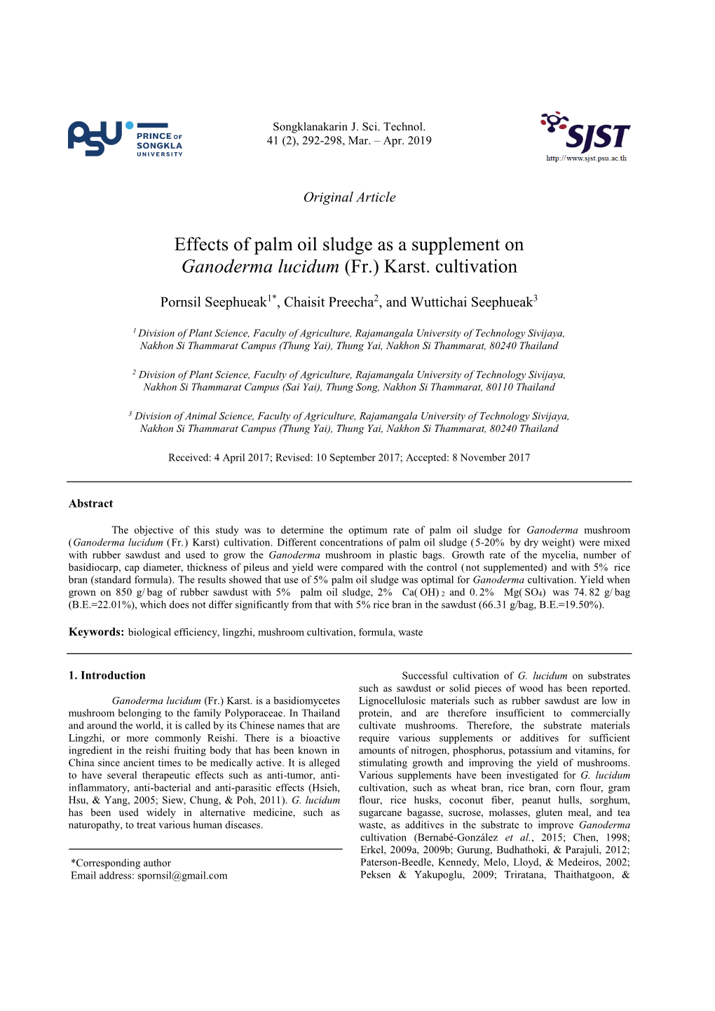 Effects of Palm Oil Sludge As a Supplement on Ganoderma Lucidum (Fr.) Karst