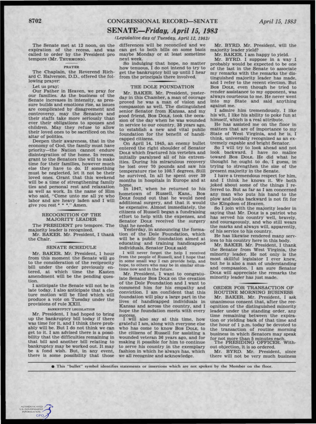 SENATE-Friday, April15, 1983 (Legislative Day of Tuesday, April12, 1983) the Senate Met at 12 Noon, on the Differences Will Be Reconciled and We Mr