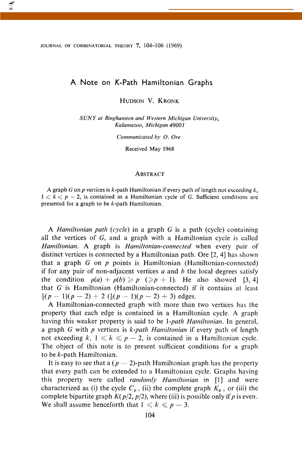 A Note on K-Path Hamiltonian Graphs