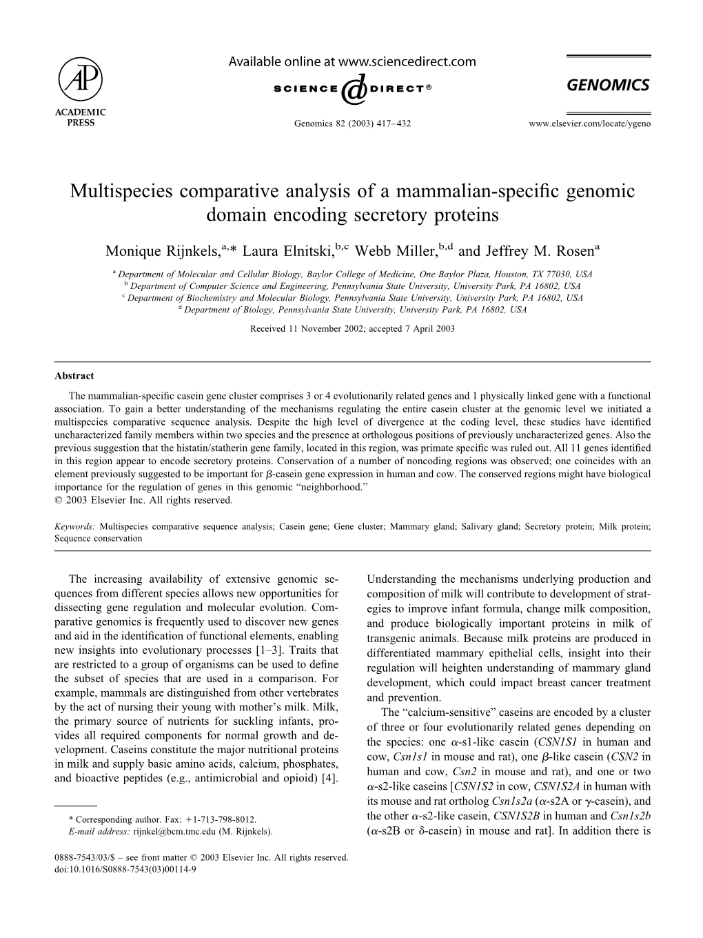 Multispecies Comparative Analysis of a Mammalian-Specific Genomic Domain Encoding Secretory Proteins