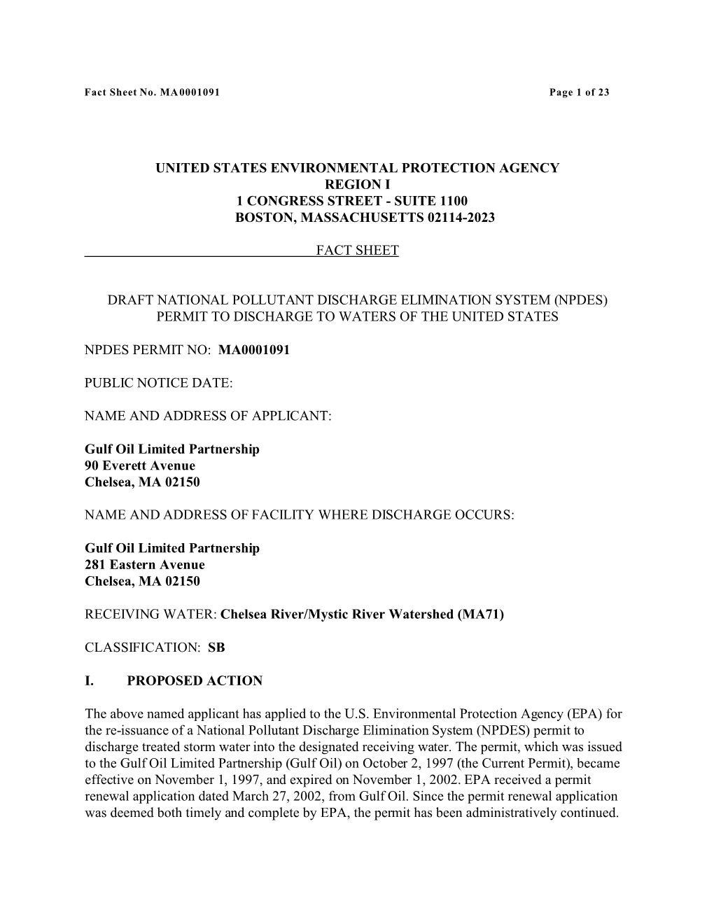 NPDES Permit No. MA0001091, Gulf Oil of Limited Partnership, Chelsea