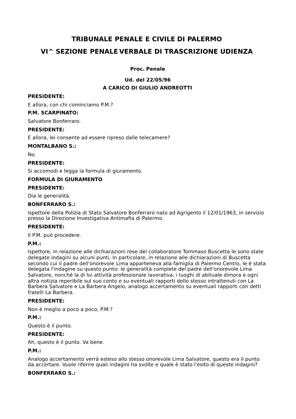 Tribunale Penale E Civile Di Palermo Vi^ Sezione Penale Verbale Di Trascrizione Udienza