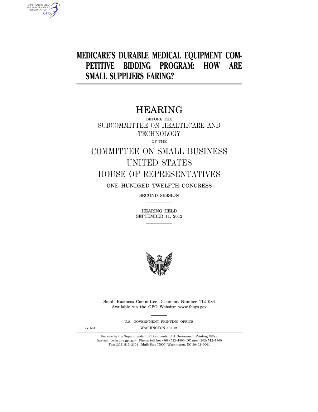 Petitive Bidding Program: How Are Small Suppliers Faring? Hearing