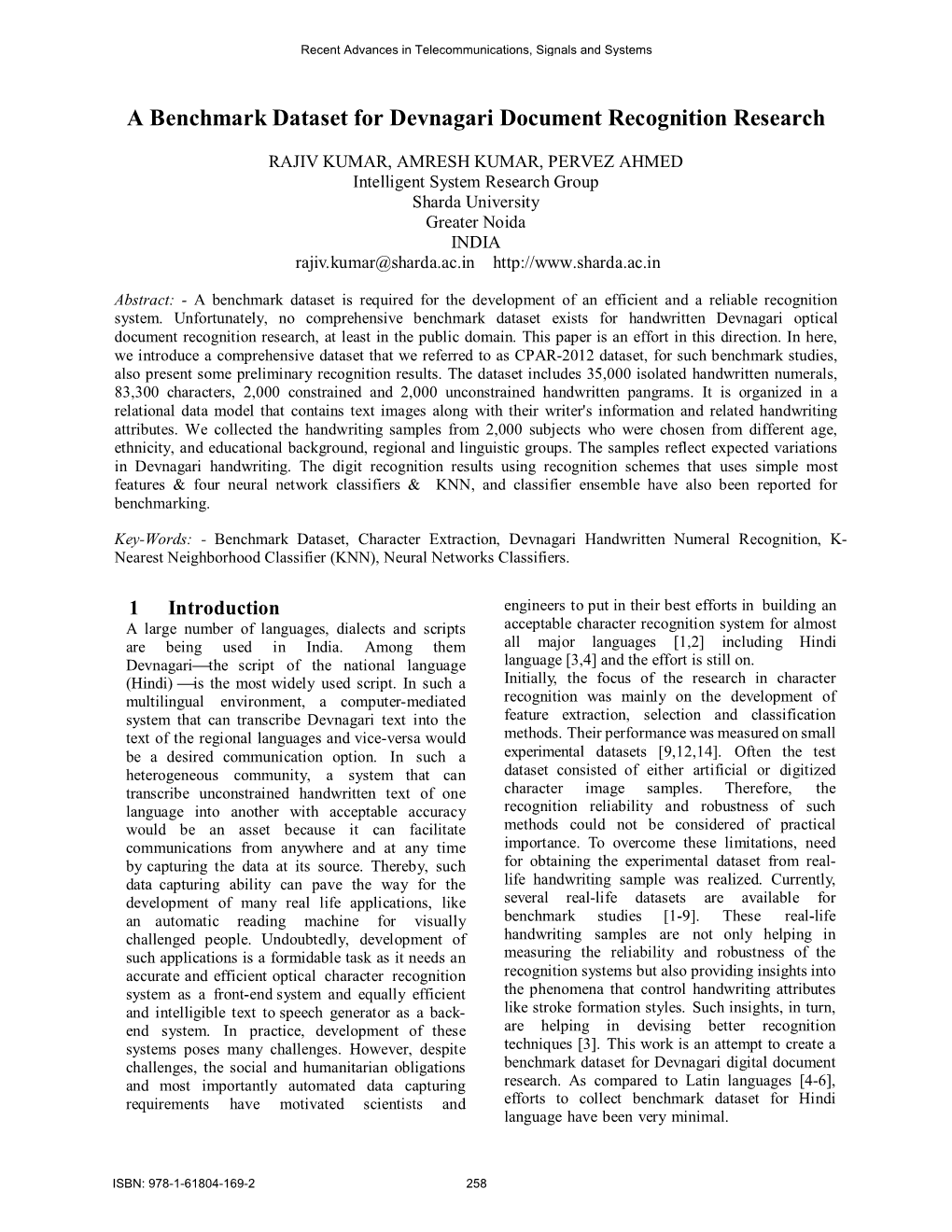 A Benchmark Dataset for Devnagari Document Recognition Research