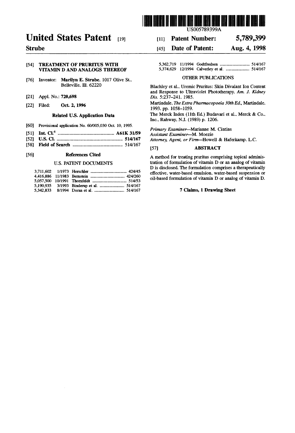 United States Patent (19) 11 Patent Number: 5,789.399 Strube 45 Date of Patent: Aug