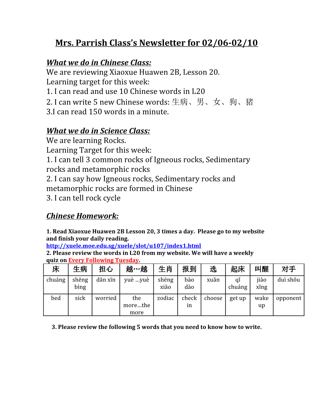 Mrs. Parrish Class S Newsletter for 02/06-02/10
