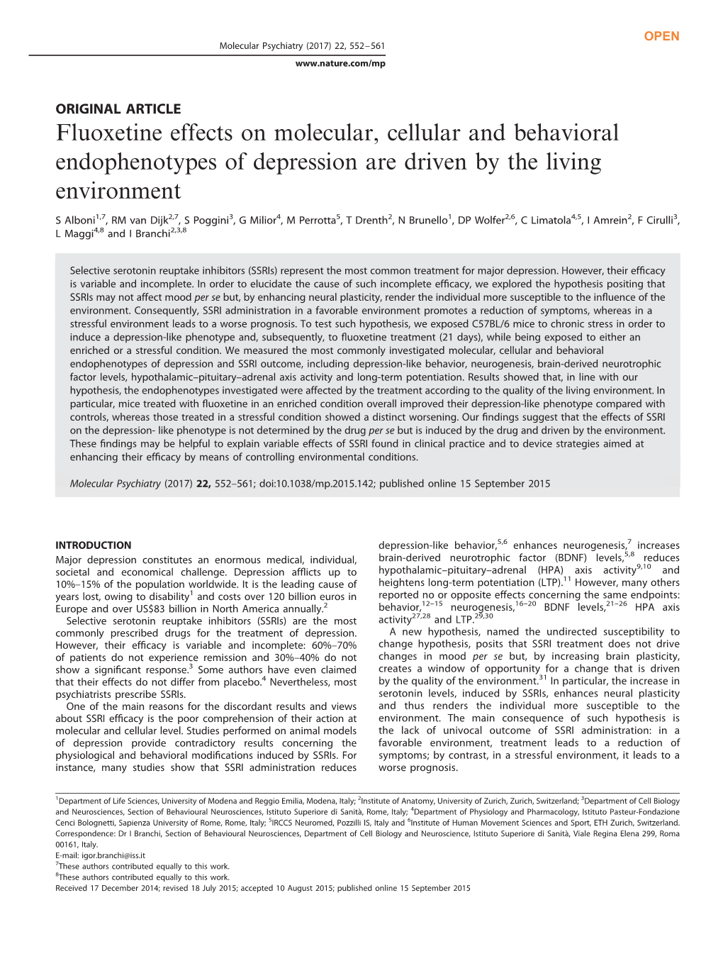 Fluoxetine Effects on Molecular, Cellular and Behavioral Endophenotypes of Depression Are Driven by the Living Environment