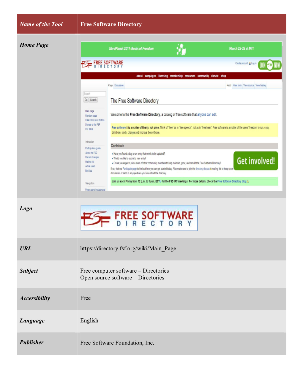 Name of the Tool Free Software Directory Home Page Logo URL Subject Free Computer Softw