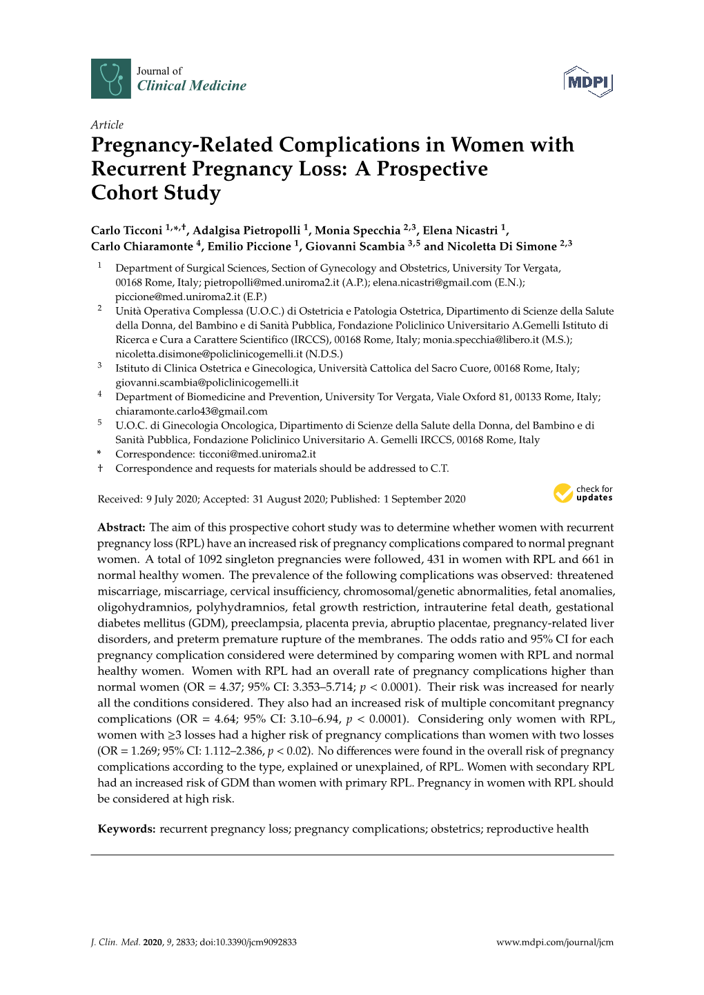 Pregnancy-Related Complications in Women with Recurrent Pregnancy Loss: a Prospective Cohort Study
