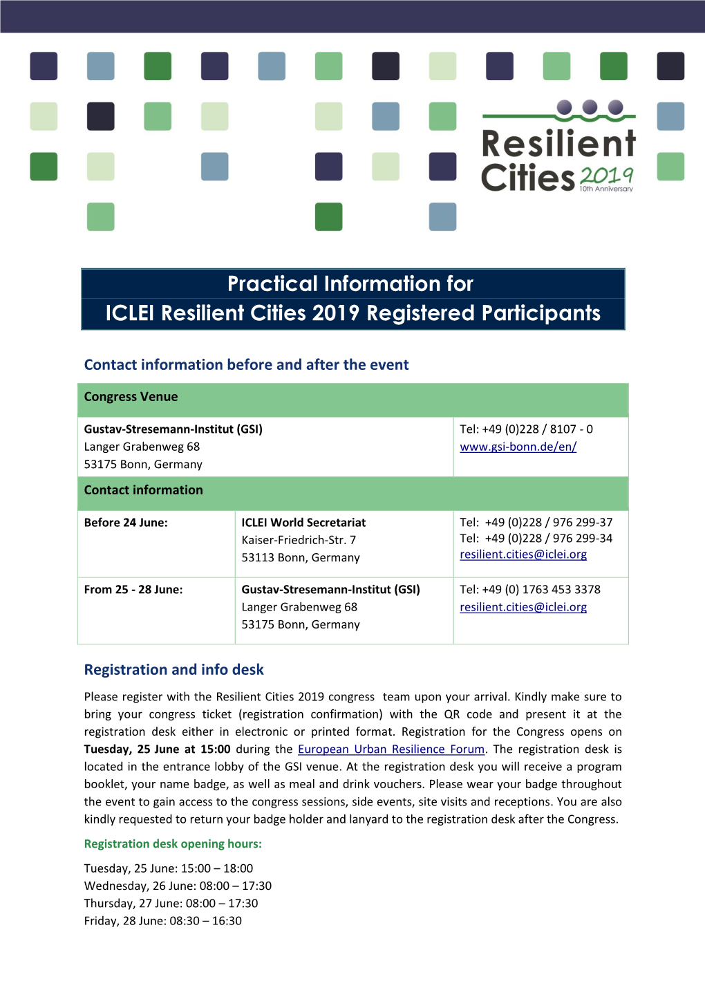 Practical Information for ICLEI Resilient Cities 2019 Registered Participants