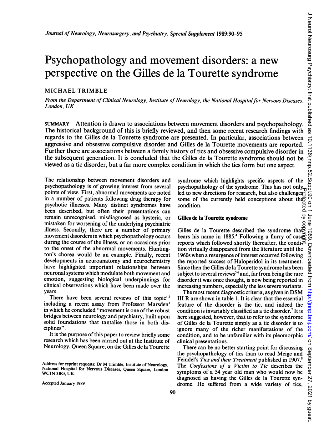 Psychopathology and Movement Disorders: a New Perspective on the Gilles De La Tourette Syndrome