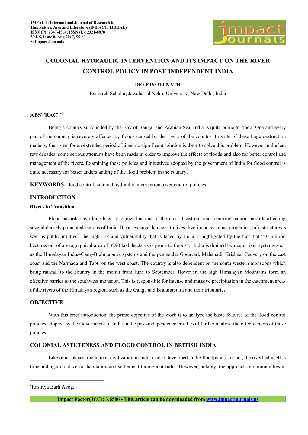 Colonial Hydraulic Intervention and Its Impact on the River Control Policy in Post-Independent India