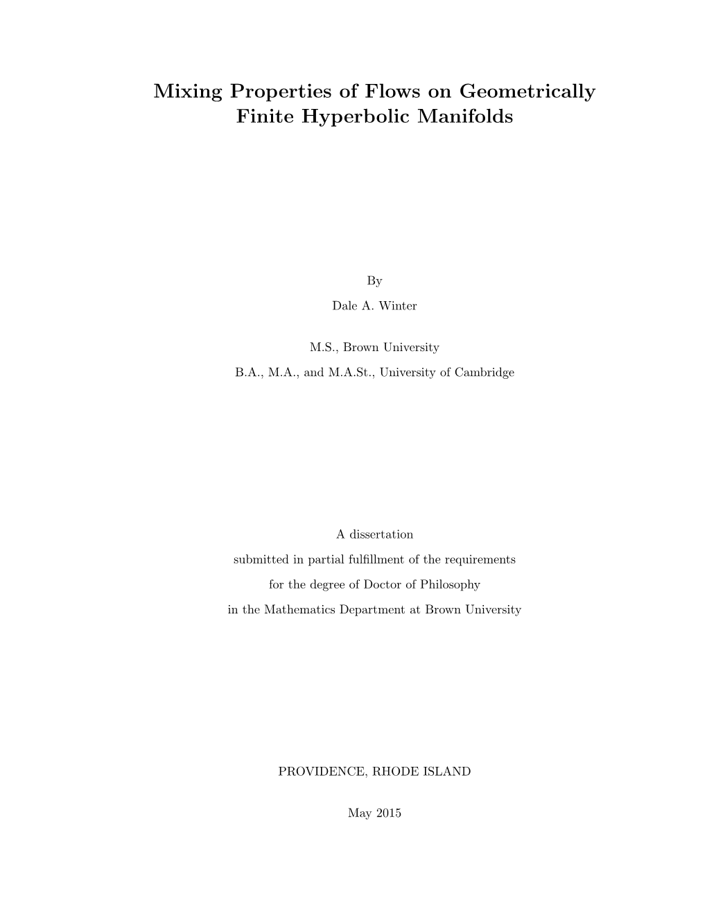 Mixing Properties of Flows on Geometrically Finite Hyperbolic Manifolds