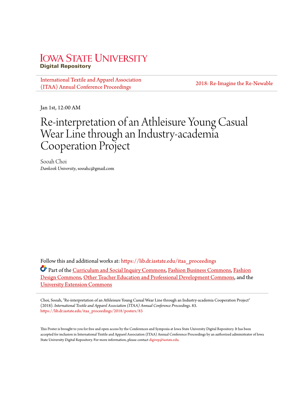 Re-Interpretation of an Athleisure Young Casual Wear Line Through an Industry-Academia Cooperation Project Sooah Choi Dankook University, Sooahc@Gmail.Com