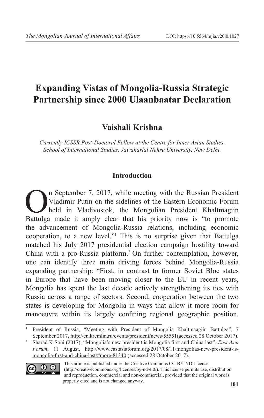 Expanding Vistas of Mongolia-Russia Strategic Partnership Since 2000 Ulaanbaatar Declaration