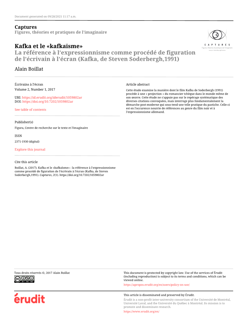 Kafka Et Le «Kafkaïsme» La Référence À L’Expressionnisme Comme Procédé De Figuration De L’Écrivain À L’Écran (Kafka, De Steven Soderbergh,1991) Alain Boillat