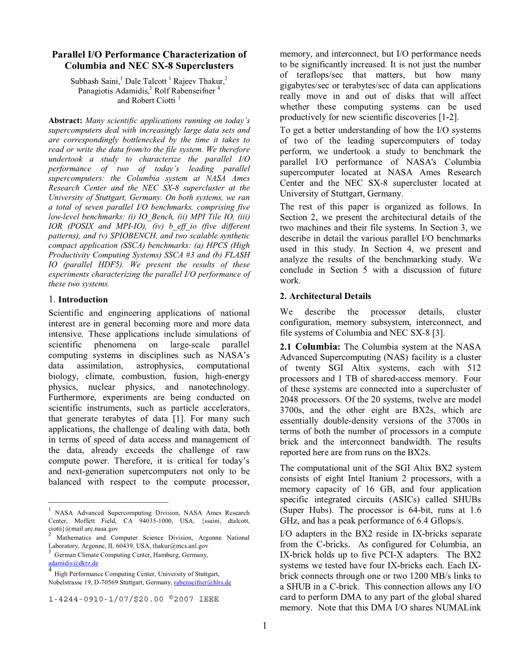 1 Parallel I/O Performance Characterization of Columbia And