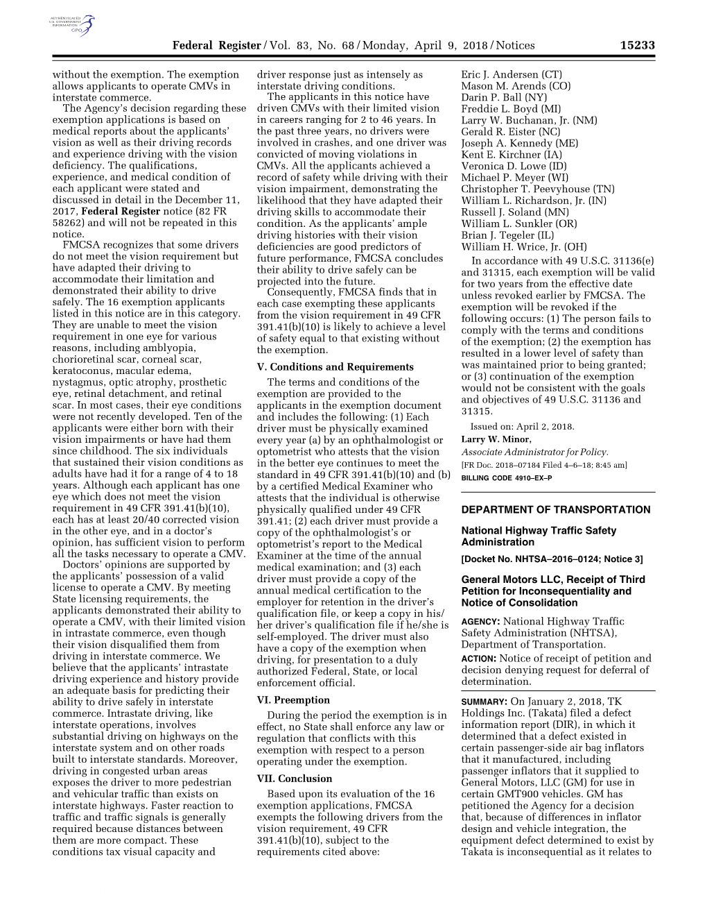 Federal Register/Vol. 83, No. 68/Monday, April 9, 2018/Notices