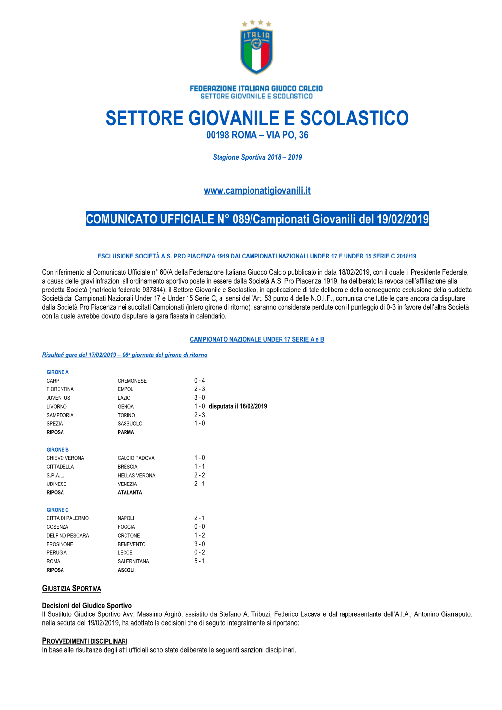 Settore Giovanile E Scolastico 00198 Roma – Via Po, 36