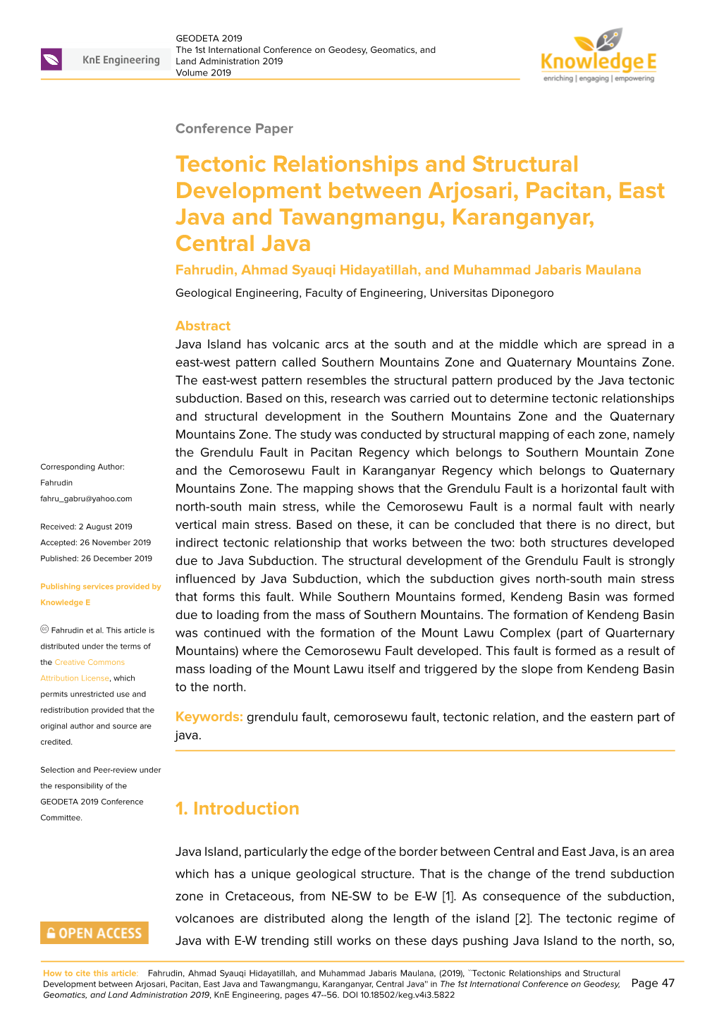 Tectonic Relationships and Structural Development Between Arjosari, Pacitan, East Java and Tawangmangu, Karanganyar, Central