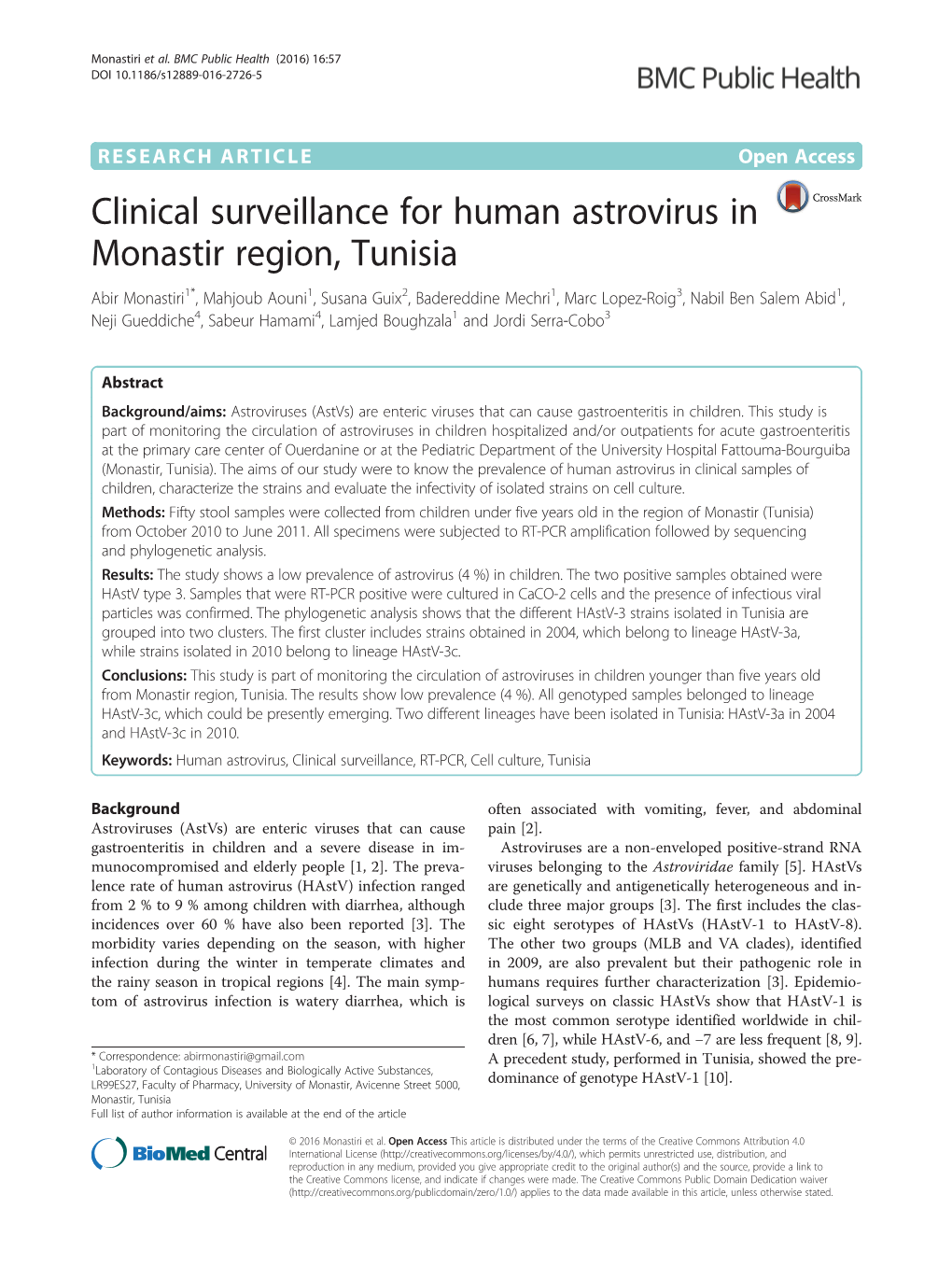 Clinical Surveillance for Human Astrovirus in Monastir Region, Tunisia