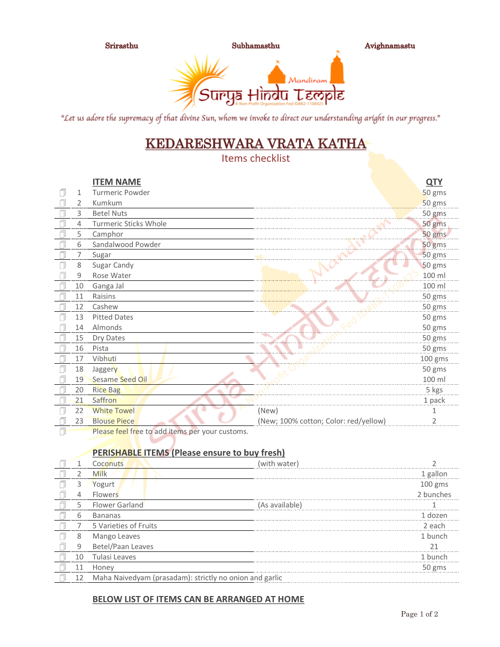 KEDARESHWARA VRATA KATHA Items Checklist