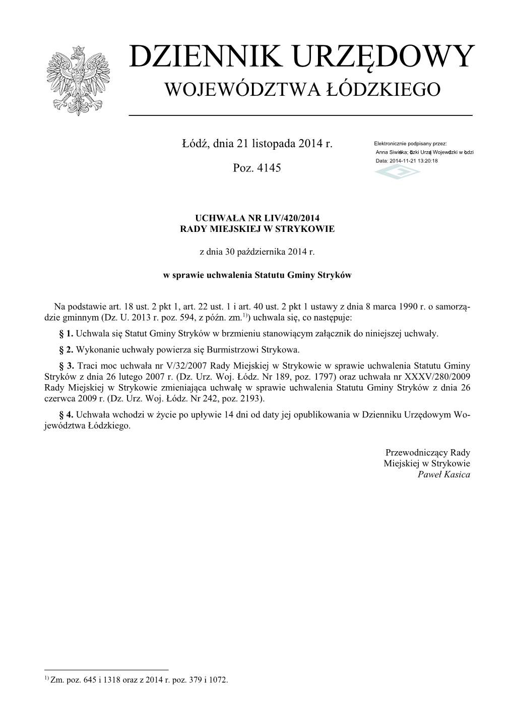 Uchwała Nr LIV/420/2014 Z Dnia 30 Października 2014 R