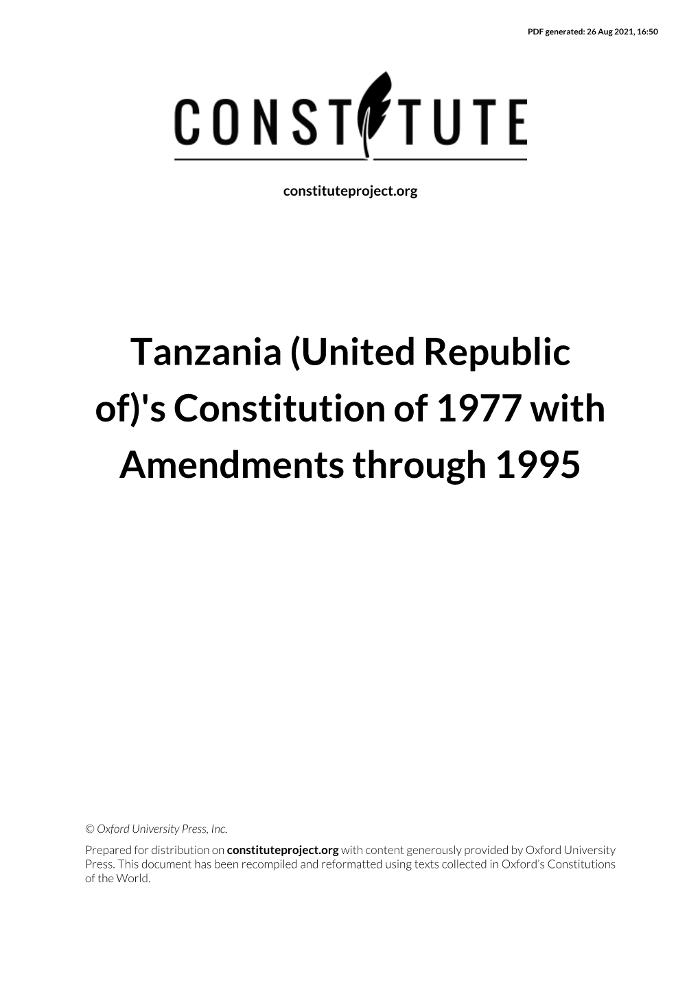 Tanzania (United Republic Of)'S Constitution of 1977 with Amendments Through 1995