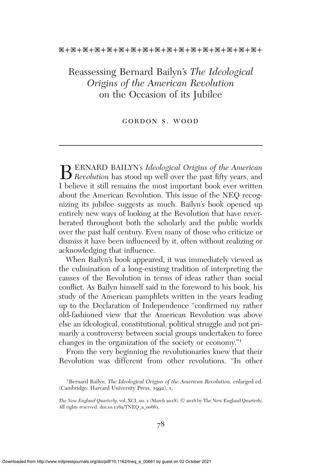 Reassessing Bernard Bailyn's the Ideological Origins of the American Revolution on the Occasion of Its Jubilee