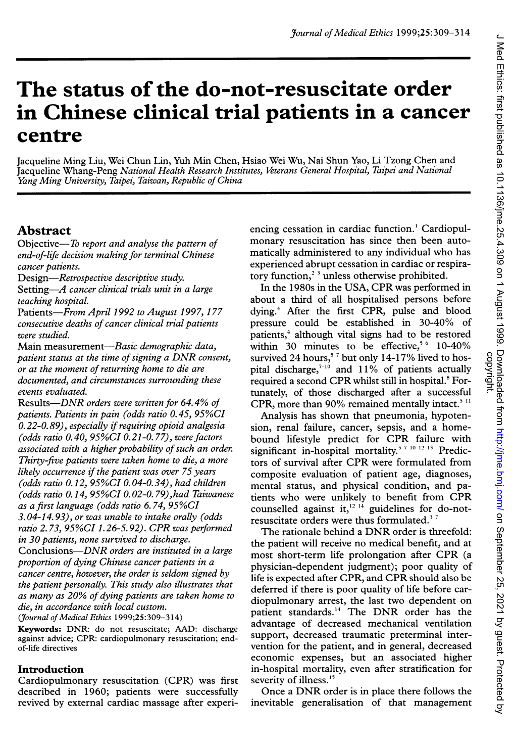 The Status Ofthe Do-Not-Resuscitate Order in Chinese Clinical Trial