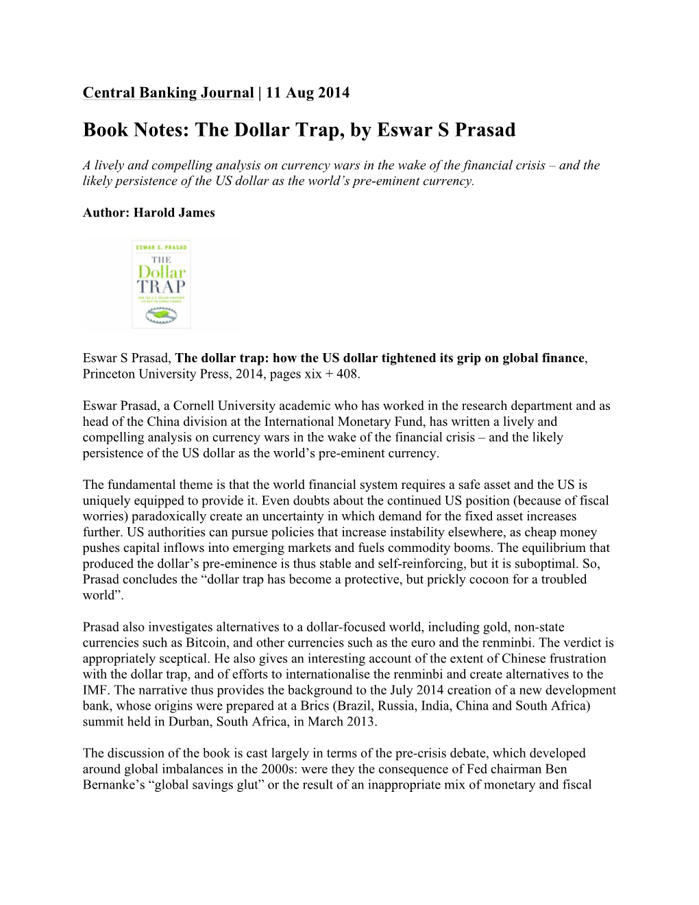 Book Notes: the Dollar Trap, by Eswar S Prasad