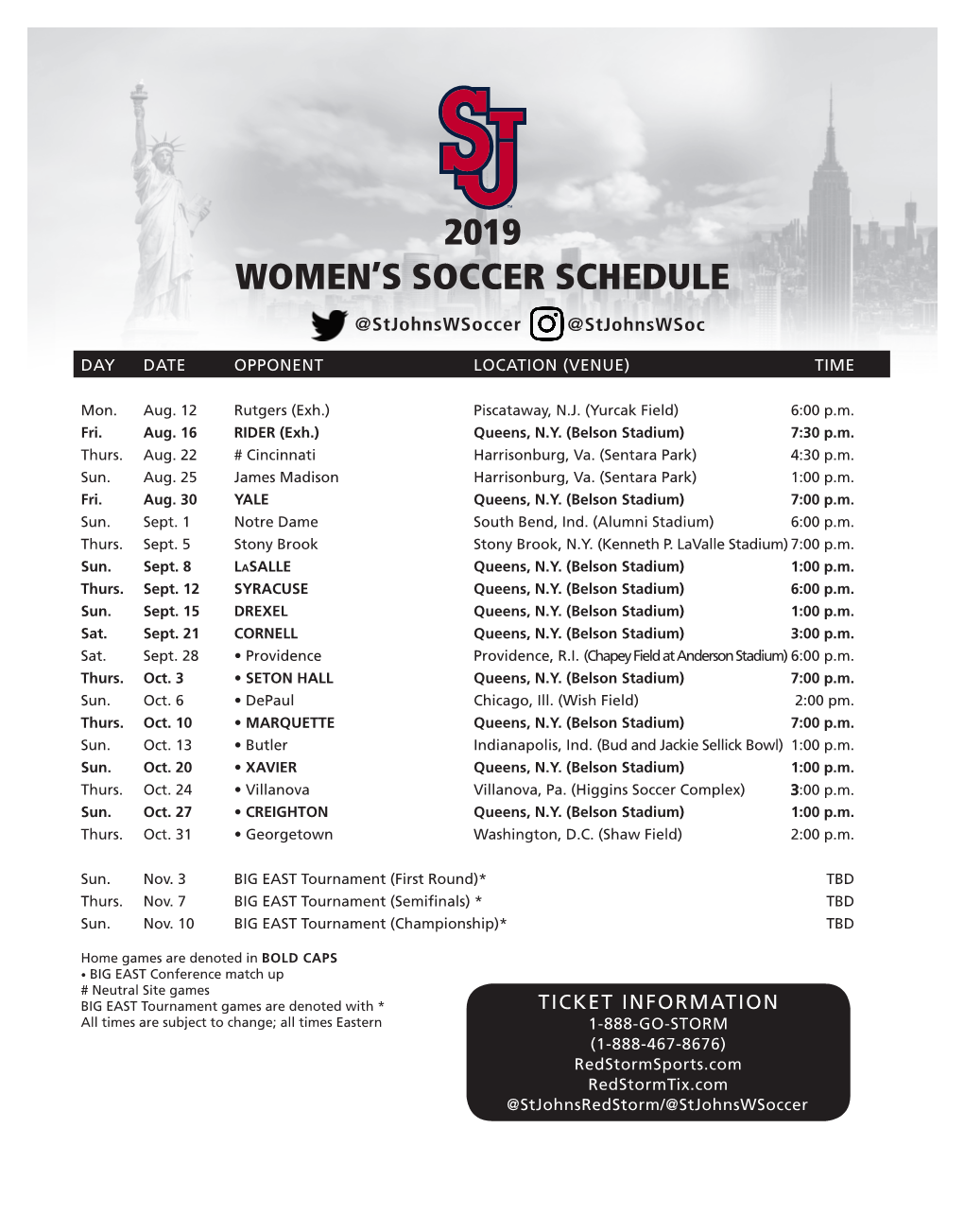 2019 Women's Soccer Schedule