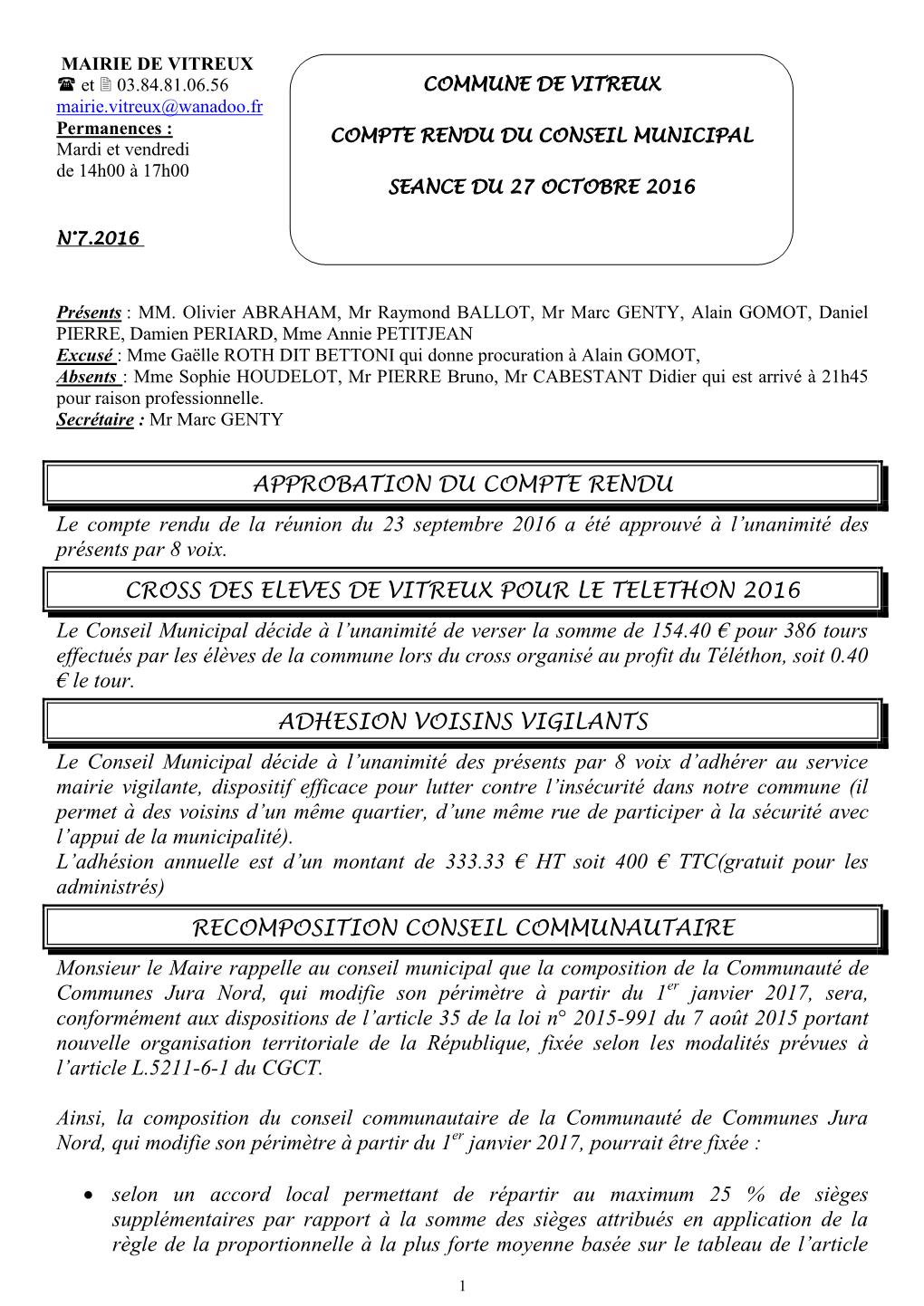 Compte Rendu Du Conseil Du 27 Octobre 2016