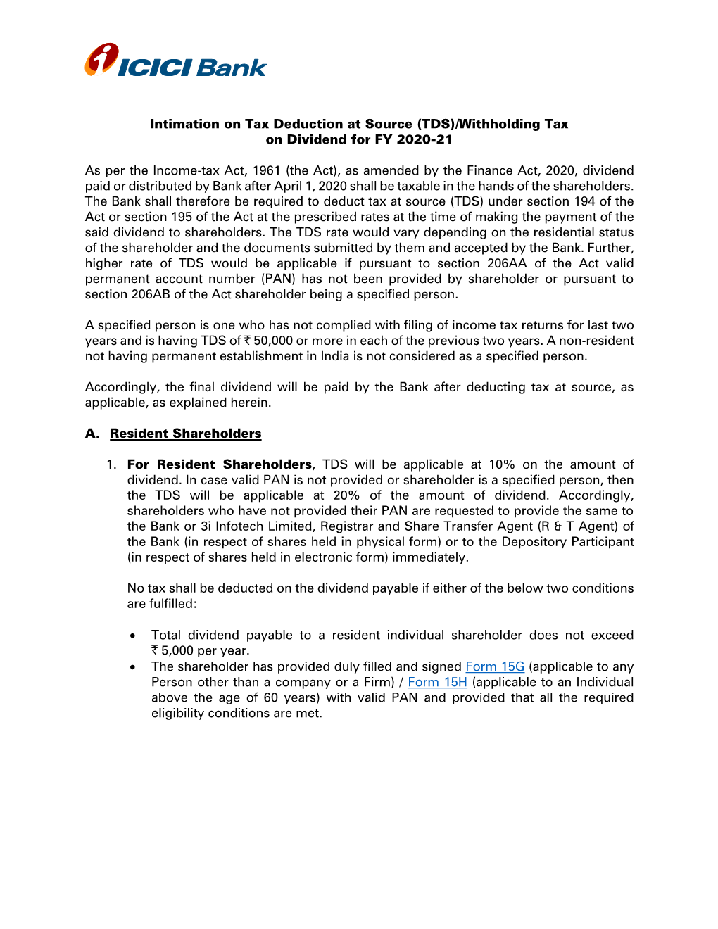 Intimation on Tax Deduction at Source (TDS)/Withholding Tax on Dividend for FY 2020-21 As Per the Income-Tax Act, 1961 (The