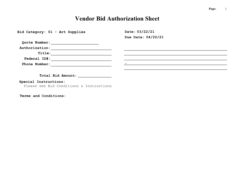 Vendor Bid Authorization Sheet