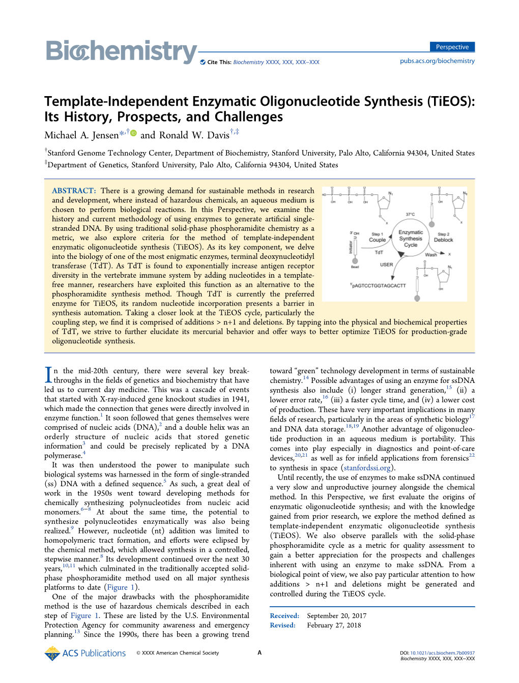 Template-Independent Enzymatic Oligonucleotide Synthesis (Tieos): Its History, Prospects, and Challenges Michael A