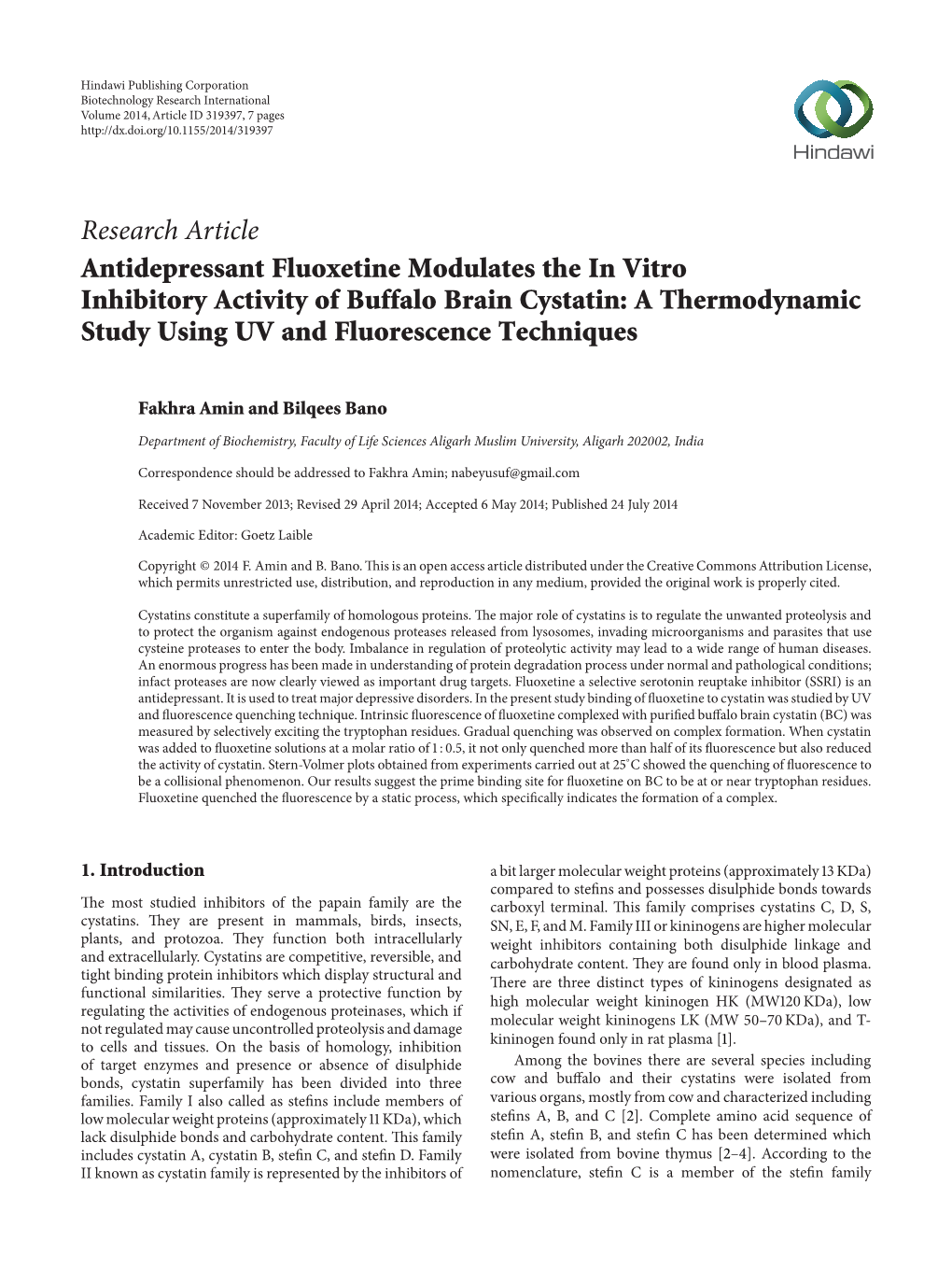 Antidepressant Fluoxetine Modulates the in Vitro Inhibitory Activity of Buffalo Brain Cystatin: a Thermodynamic Study Using UV and Fluorescence Techniques