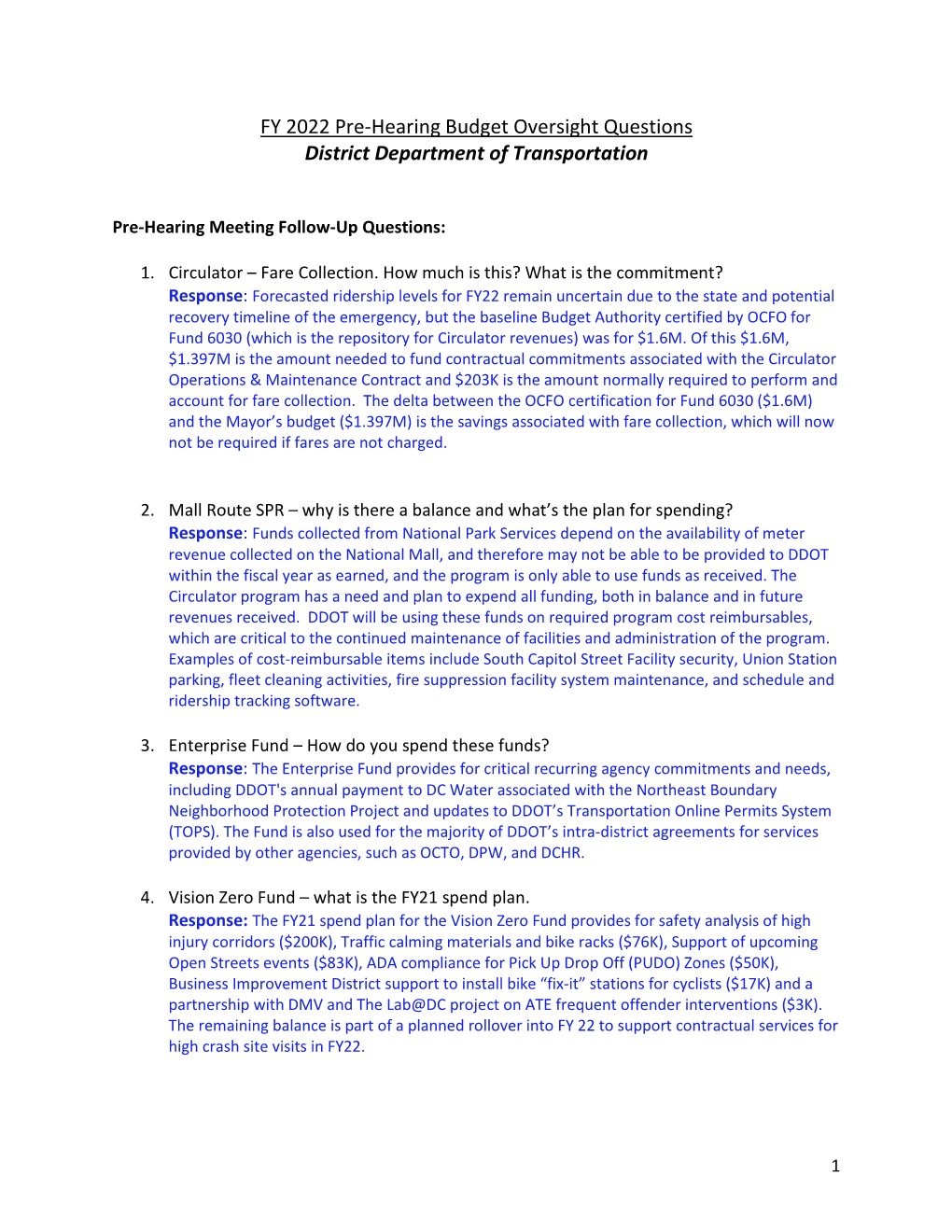 FY 2022 Pre-Hearing Budget Oversight Questions District Department of Transportation