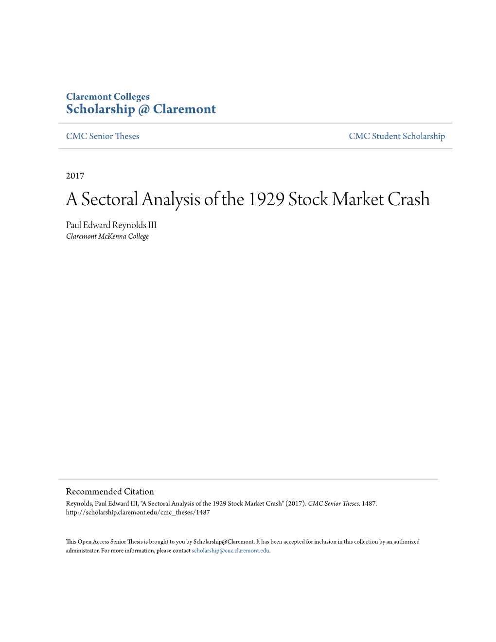 A Sectoral Analysis of the 1929 Stock Market Crash Paul Edward Reynolds III Claremont Mckenna College