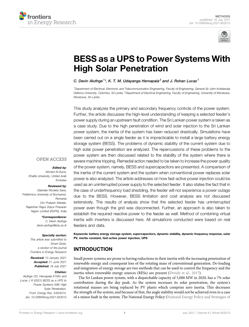 BESS As a UPS to Power Systems with High Solar Penetration