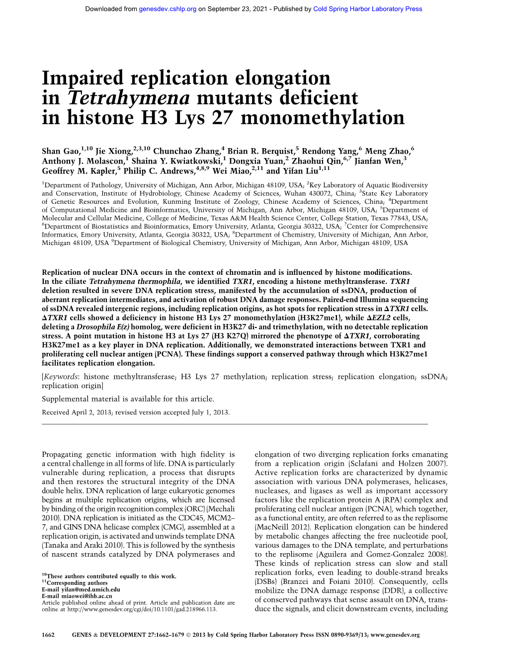 Impaired Replication Elongation in Tetrahymena Mutants Deficient in Histone H3 Lys 27 Monomethylation