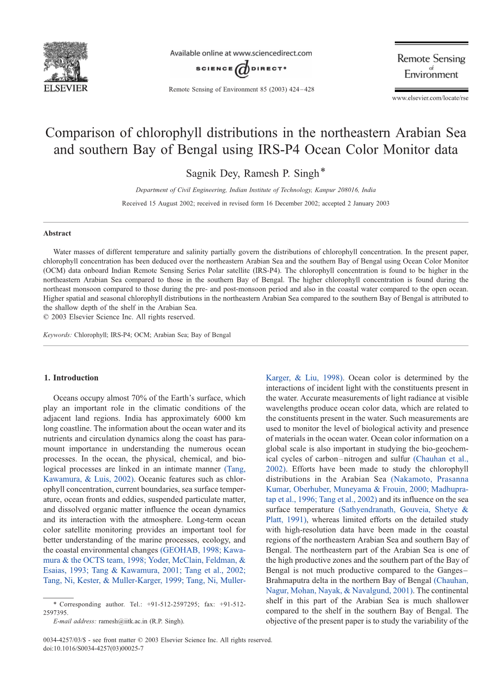 Comparison of Chlorophyll Distributions in the Northeastern Arabian Sea and Southern Bay of Bengal Using IRS-P4 Ocean Color Monitor Data