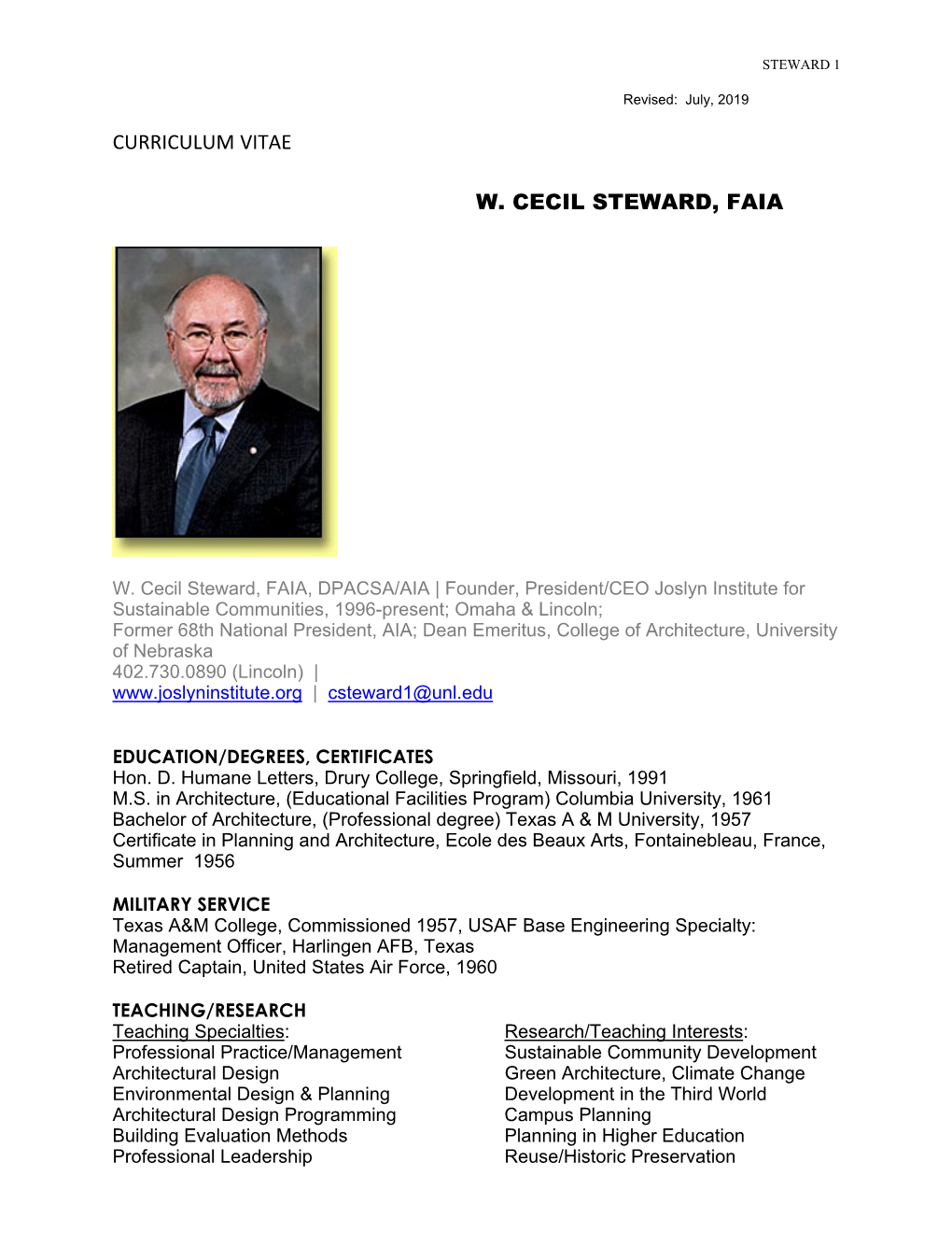 Curriculum Vitae W. Cecil Steward, Faia