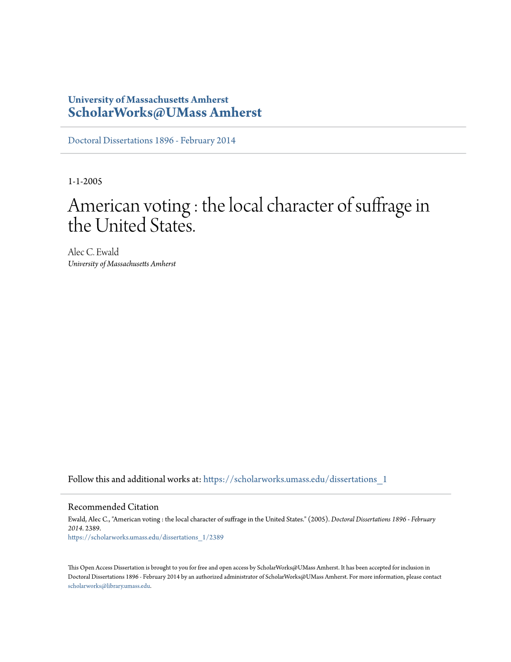 American Voting : the Local Character of Suffrage in the United States. Alec C