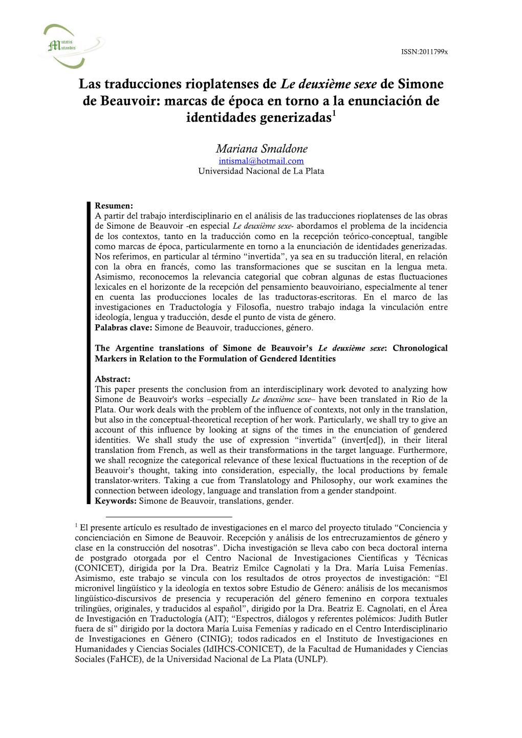 Las Traducciones Rioplatenses De Le Deuxième Sexe De Simone De Beauvoir: Marcas De Época En Torno a La Enunciación De Identidades Generizadas1